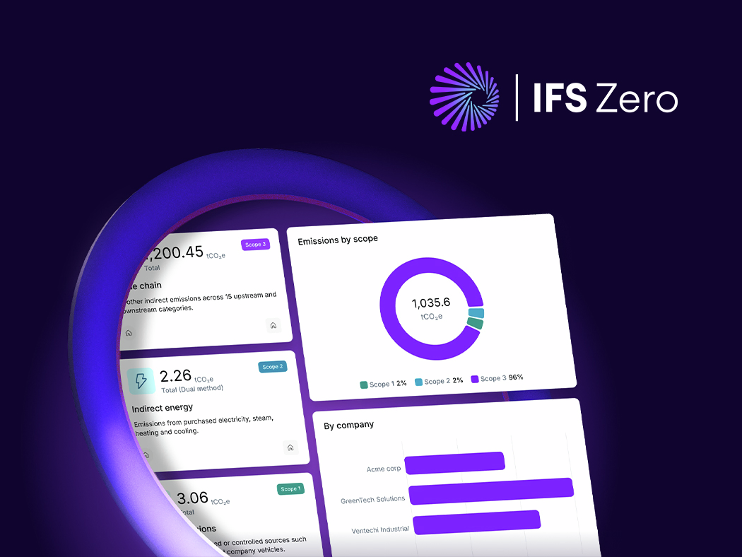 IFS Zero product dashboards showing emissions by scope and company.