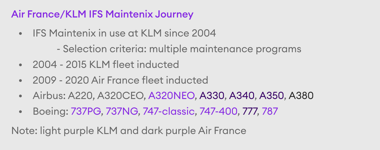 Slide summarizing Air France/KLM IFS Maintenix adoption timeline and Airbus/Boeing fleet types by airline.