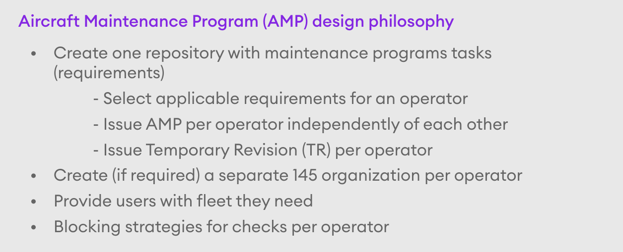 Slide on AMP design philosophy: shared task repository with operator-specific AMP, TR, fleets, 145 orgs, and checks.