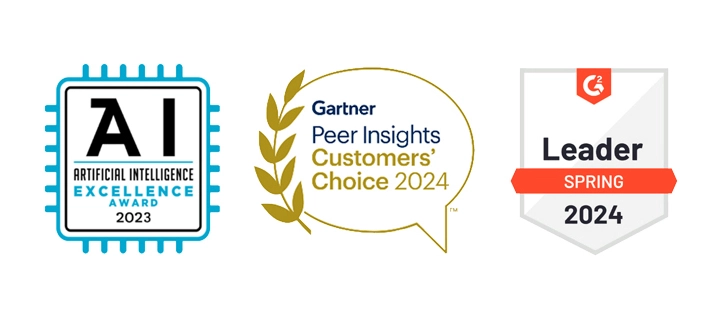 Three award badges for AI Excellence, Gartner Customers’ Choice, and G2 Leader Spring 2024.
        